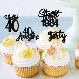 Keaziu - Paquete de 24 adornos para magdalenas de Straight Outta 1983 Happy 40th I'm 40 adornos para cupcakes, 40 años, suministros de decoración para fiestas de cumpleaños, color negro 1983 2