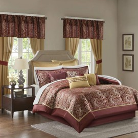 Madison Park Essentials Brystol 24 Piece Room in a Bag Faux Silk Comforter Jacquard Paisley Design Matching Curtains Down Alternative Hypoallergenic All Season Bedding-Set, King(104"x92"), Red