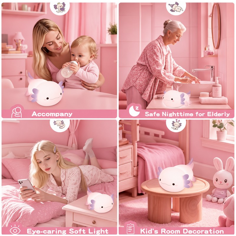 Cute Axolotl Silicone Night Light, Soft LED Nursery Lamp for