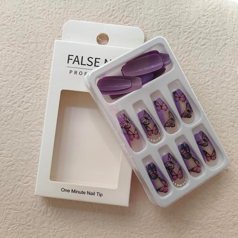 Juneyemo 24pcs Coffin False Nails Gold Foil Press on Nails