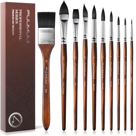 Watercolor Brushes Professional, Fuumuui 10Pcs Synthetic Squirrel Hair Watercolor Paint Brush Set for Artists with Wide Flat, Round, Detail, Dagger, Cat's Tongue for Watercolor Gouache Inks Painting