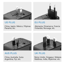 2 Adaptador Europeo de Viaje Internacional-Travel Essentials Enchufe con 2 Puertos Tipo C+2 USB,Todo uno Adaptador de Universal para el Reino Unido Estados Unidos Australia Europa Asia(200 paíse)