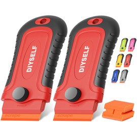 DIYSELF 2 Pcs Plastic Razor Blade Scraper with 10 Pcs Blades, Plastic Scraper Tool for Adhesive Remover, Scrapers for Cleaning Stickers, Decals, Paint, Glass, Windows, Car, No Scratches (Red)