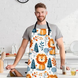 VODRM Cute Lion and Forest Apron with Adjustable Neck Strap,Fun Cartoon Jungle Kitchen Aprons with 2 Pockets for Women,28x33in,Oxford Fabric,Gifts for Wife Mom,For Chef Cooking Baking Gardening BBQ