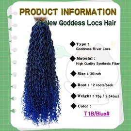 8 Packs Blue Goddess Faux Locs Crochet Hair for Black Women Long River Locs Crochet Hair with Curly Ends New Goddess Locs Crochet Hair Boho Style Locs (30Inch, TBlue#, 8Packs)
