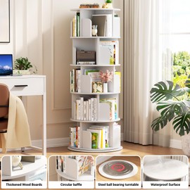 Aheaplus Rotating Bookshelf, 360 Display Wood Spinning Bookshelf Tower, 5 Tier Floor Standing Bookcase Storage Rack, Revolving Bookcase Corner Bookshelfs for Small Space, Bedroom, Study Room, White
