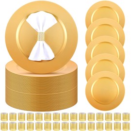 Tanlade 100 Pcs Charger Plates Set Bulk Include 50 Plastic Plate Chargers and 50 Napkin Rings 13" Round Wedding Chargers for Dinner Plate Table Setting Wedding Baby Shower Decoration (Gold)