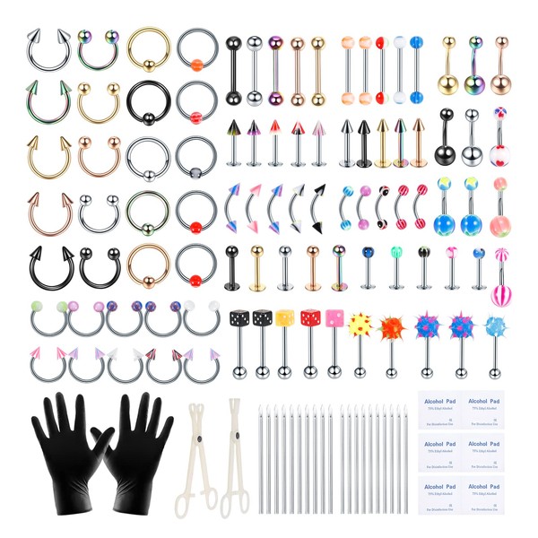 Xpircn 120PCS Piercing Jewelry Kit Piercing Needles Stainless Steel Acrylic 14G 16G Nose Lip Tongue Eyebrow Tragus Belly Tongue Rings Piercing Jewelry Kit Tool (Mixed Color + Acrylic)