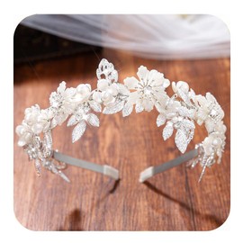 Kilshye Flower Bride Wedding Headband Leaf Bridal Headpiece Pearl Prom Hair Band for Women and Girls (Silver)