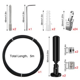 YIXISI 5 m Wall Mount Set, with 24 Pieces Metal Clips Hooks, Stainless Steel Curtain Wire, Curtain Steel Rope, for Photo Wire, Clothesline, Wire, Window, Curtain, Tension Wire (Black)