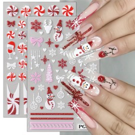 Glitter Snowman Nail Decals for Nail Art 5d Self-Adhesive Christmas Candy Heart Nail Design Stickers Embossed Christmas Tree Snowflake Nail Art Stickers Elk Christmas Nail Stickers for Women 2 Sheets