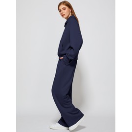 Casly Lamiit Two Piece Outfits for Women 2025 Trendy Tracksuit Set Pullover Sweatshirt Wide Leg Sweatpants Loungewear Matching Set Sweatsuit Airport Outfits Fall Winter Clothes Navy Blue XL