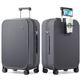 mixi Checked Luggage with Cup Phone Holder Hard Shell Rolling Travel Suitcase with Spinner Wheels,26 Inch Rock Grey