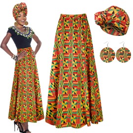 Mukum 4 PCS African Printed Maxi Skirt for Women Traditional Printed Costume Outfit Set with Pockets Wrap Scarf Wooden Drop Earrings for Holiday Travelling - L