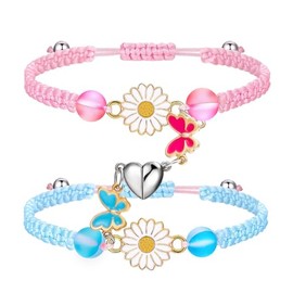 COLORFUL BLING 2Pcs Set Love Heart BFF Rope Adjustable Bracelet Daisy Yin Yang Butterfly Enamel Strand Wrap Best Friend Friendship Bracelet Split Heart Forever for Women Men