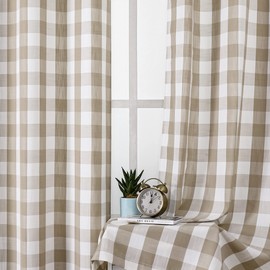 Bapawfish Tan Gingham Buffalo Check Beige and White Window Curtain Panels 95 Inch Long, Rod Pocket Window Treatment Drapes, for Bedroom & Living Room, 2 Panels, 40 x 95 inches, Linen