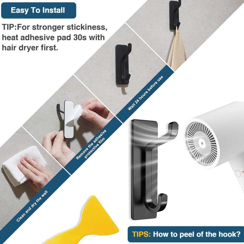 DaskFire Self Adhensive Towel Hooks for Showerroom Bathroom, 6 Pack