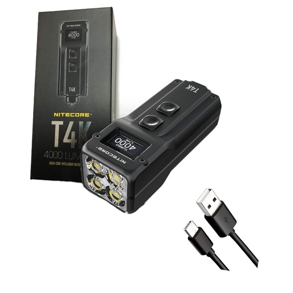 Nitecore T4K Type-C Rechargeable Keychain XP-L2 Flashlight - 4000 Lumen with Eco-Sensa Type-C USB charging Cable