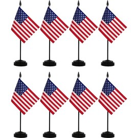 Roll Maven 8 Pack USA Desk Flag Set - 5 x 8 inch Miniature American US Desktop Office Flag with 12" Solid Pole Black Base and Spear Top