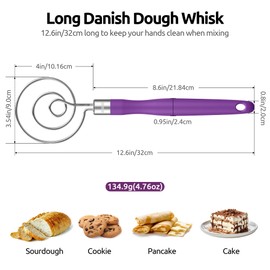 U-Taste Danish Dough Whisk for Bread: 18/8 Stainless Steel Heavy-Duty Sourdough Mixing Tool, Food Grade Dutch Style Seamless Dough Hook, Sturdy for Stirring, Kneading Thick Batter (12.6", Purple)