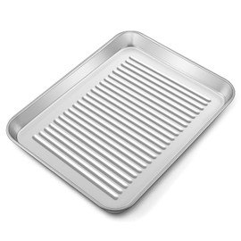 P&P CHEF Small Toaster Oven Pan, 10.4 x 8 x 1 Inch Stainless Steel Mini Cookie Baking Pan Oven Tray for Cooking & Roasting, Corrugated Bottom Rectangular Pan, Healthy & Durable, Dishwasher Safe