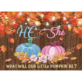 Moukeren 7 x 5 ft Fall Pumpkin Gender Reveal Backdrop He or She What Will Our Little Pumpkin Be Photography Background Party Supplies Thanksgiving Baby Shower Decoration Banner Photo Booth Props