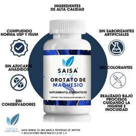 Orotato de Magnesio Puro con 120 cápsulas de 500 mg c/u. SAISA HERBAL