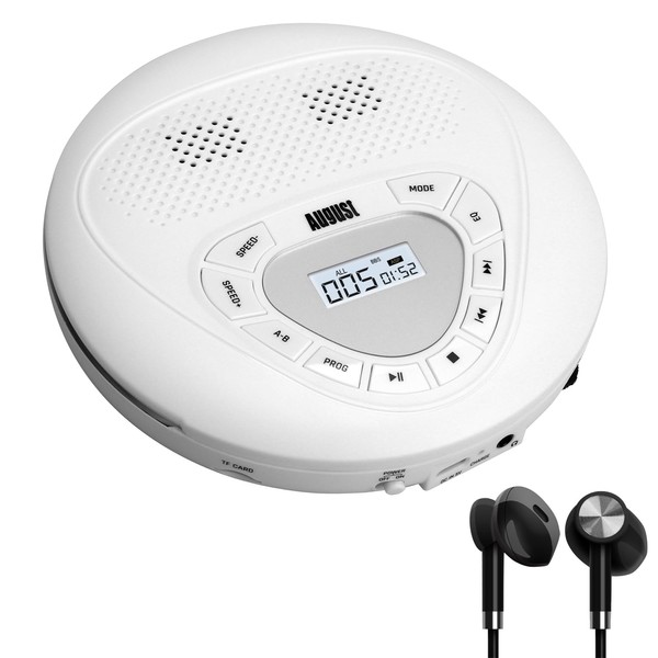 Rechargeable Portable CD Player with Earphones - August SE10W - USB-C Personal CD Walkman with Anti Skip Protection, Repeat, EQ, PROG, MP3 Micro SD Card Mode - Small Size for Car, Home, Travel - White