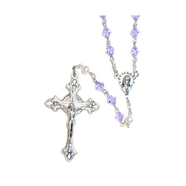 Catholic Prayer Rosary Made w/Alexandrite Violet and White Pearlized Austrian