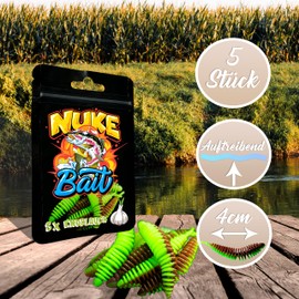 Nuke Bait - Forellen/Barschköder - Twister mit Aroma - 5 STK. - Das Original - Barsch Köder, Gummiköder mit Lockstoff, Angelköder, Raubfisch (Knoblauch, Braun/Grün, 4cm)