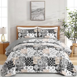 Mybedsoul Grey Quilt Set Queen Size, 3-Piece Patchwork Bedspread Set with Geometric Plaid Bedspread Coverlet - Soft Microfiber, Reversible, Lightweight, All-Season Bedding - 96" x 90"