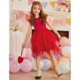 Arshiner Little Girls Tutu Dress Tulle Summer Valentines Princess Birthday Party Formal Dresses Red 6-7 Years