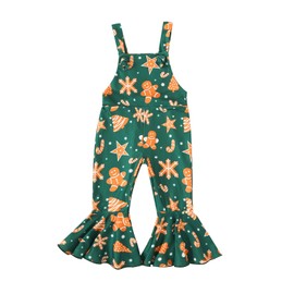 YOKJZJD Toddler Baby Girl Christmas Outfit Gingerbread Man Suspender Romper Jumpsuit Overalls Bell Bottom Pants Fall Clothes (Green, 18-24 Months)