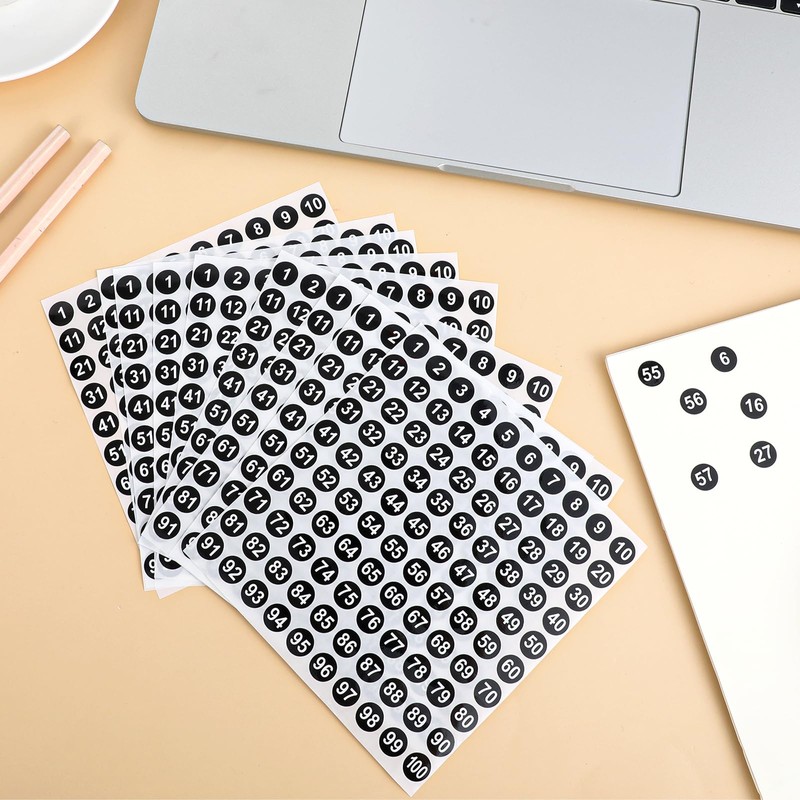 1-100 Round Number Stickers, 10 Sheets Consecutive Labels, Self-Adhesive 0.4"