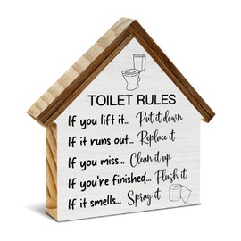Bathroom Rules Decor, Funny Toilet Rules House Shaped Wood Block Sign, Rustic Farmhouse Bathroom Toilet Restroom Decor for Table Shelf
