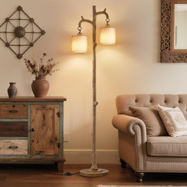 Floor Lamp for Living Room - 69" Rustic Farmhouse Tree Trunk Tall Lamp - Country Vintage Reading Light with Linen Shade Standing Lamps for Bedroom Office Home Decor (2 Reading Light, Brown, Bulbs)