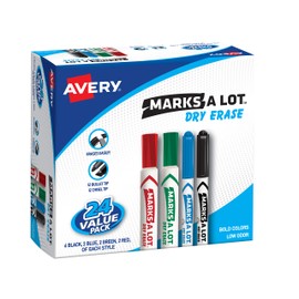 Avery Marks A Lot Value Pack Dry Erase Markers, White Board Markers, Chisel/Bullet, 24 Assorted Colors (29870)