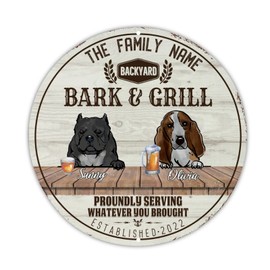 Spanish Bulldog & Swiss Hound Beer Metal Tin Signs Customized Family Dog Name Round Wall Tin Sign Vintage Barks & Grill Poster Iron Sign Decorative for Home Beach House Bathroom 12x12in