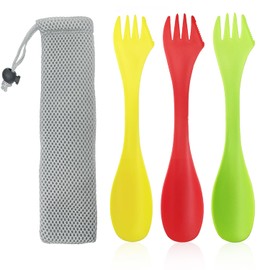 3 Pieces Plastic Spork, 3 in 1 Spoon, Camping Spork, Portable Camping Cutlery Spoon Fork with Portable Bag for Outdoor Camping Hiking Travel (Red & Green & Yellow)