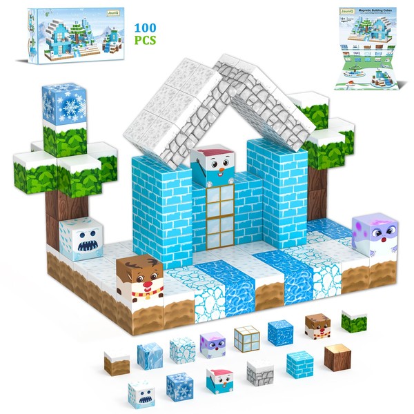 JauniQ 100 Pieces Magnetic Building Blocks, Build Mine Magnet World Set, STEM Montessori Frozen Toy for Children Age 6+ Princess Castle, Christmas Birthday Gifts