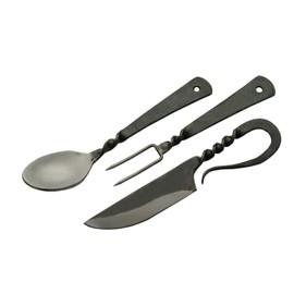 SZCO Supplies 7.25" Hand-Forged Medieval Cutlery Set – Carbon Steel Fork, Knife, Spoon with Leather Pouch, Renaissance Costume Utensils for Camping, Cosplay, and Historical Display