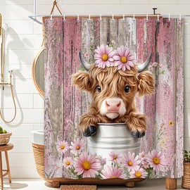 MDUKOIN Funny Highland Cow Shower Curtain, Pink Cute Rustic Western Floral Plant Daisy Wooden Farmhouse Bath Curtain, Country Animal Fabric Waterproof Shower Curtain Set for Bathtub Decor, 72X72IN