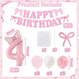 Pink Bow 4th Birthday Party Decorations Pink Coquette Birthday Decorations Bow Two Years Old Birthday Decorations with Balloons Pink Bow Happy Birthday Banner for Girls Pink Bow Decor
