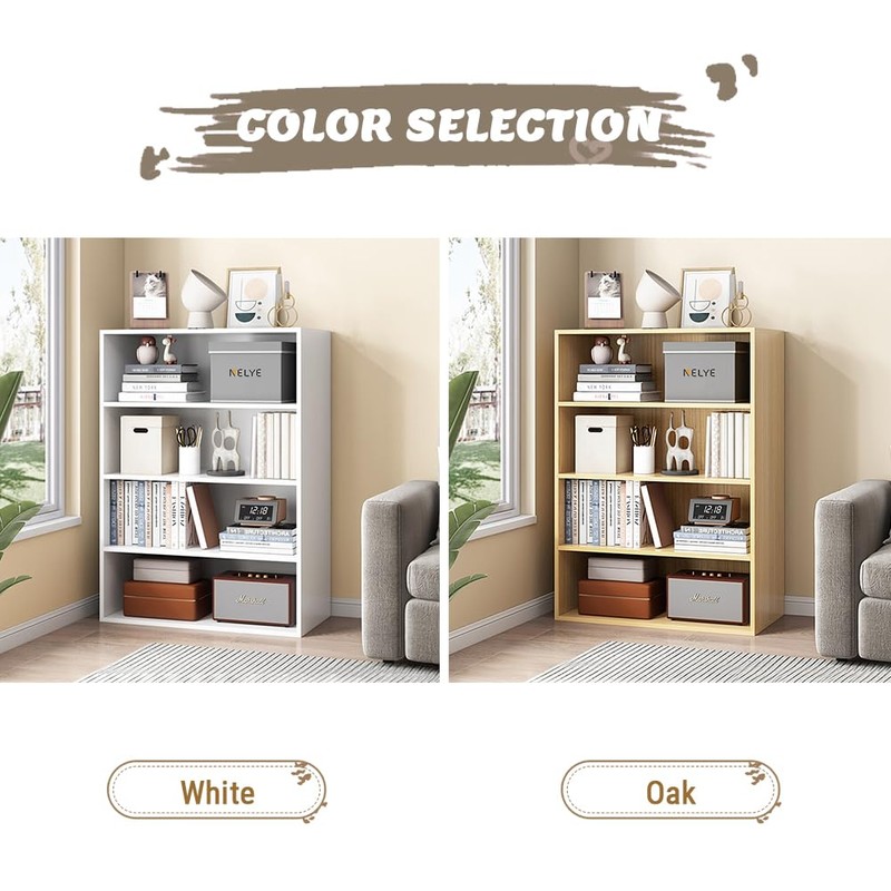 NELYE Basic Open Shelf Bookcase - 4-Tier Wooden Cube Storage