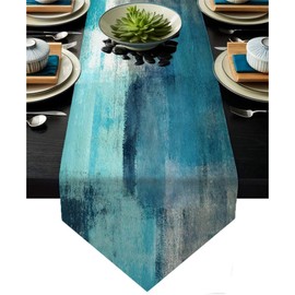 Turquoise and Grey Abstract Modern Art Table Runner 13x108 Inch, Teal Farmhouse Style Linen for Home Kitchen Dining Holiday Wedding Party Decoration