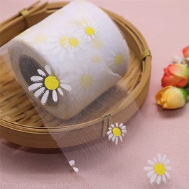 JIHUOO 25 Yard 6cm Sheer Chiffon Ribbon Daisy Flower Ribbon Gift Wrapping Ribbon Bridal Bouquet Ribbon Wrap Fabric Craft Ribbon for Hair Bows White
