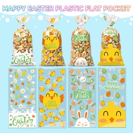 Lovinland 150PCS Easter Treat Bags Easter Candy Bags Easter Eggs Plastic Cellophane Bag Easter Cello Goodie Cooikes Gift Bags with Gold Twist Ties for Easter Party Favor Supplies