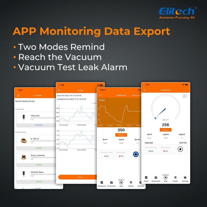 Elitech Digital HVAC Vacuum Gauge, App Support, Offline Reporting Reporting