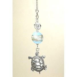 Silvery Turtle with Cobalt Blue Heart Art Glass Ceiling Fan Pull Chain