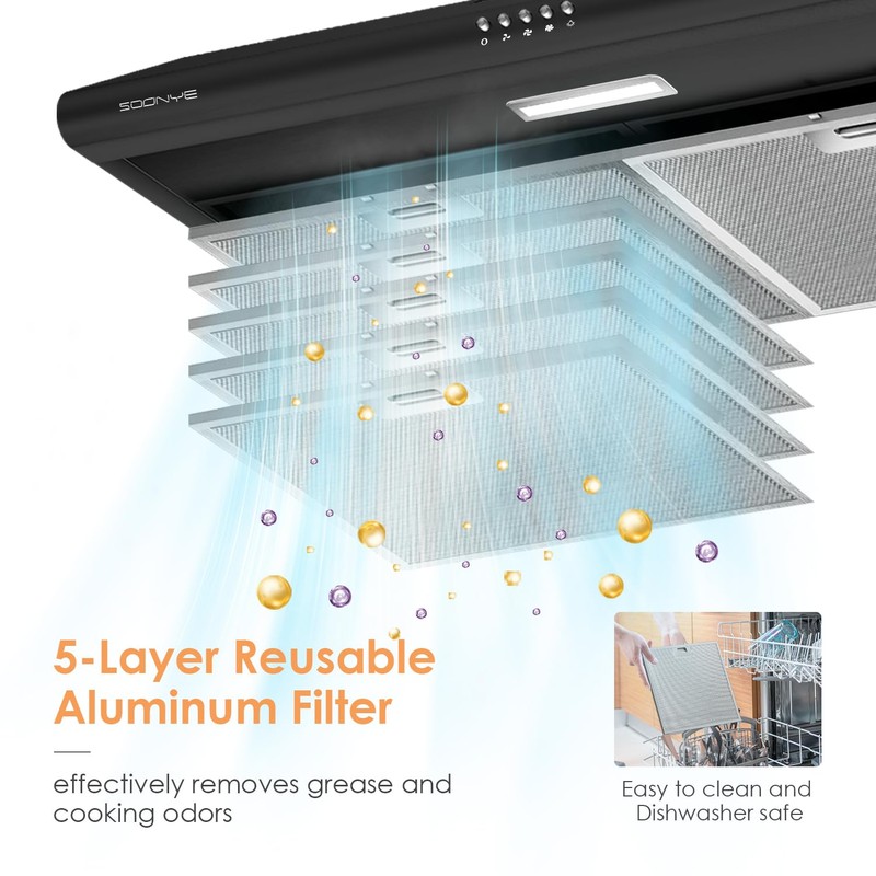 SOONYE 30 inch Black Under Cabinet Range Hood, Stainless Steel